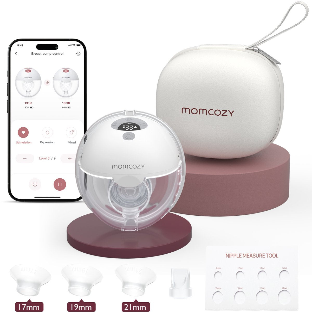 Momcozy m5 smart – Freisprech-Milchpumpe – 1 Stück – elektrisch – leise kompakt – mit Brusthauben-Einsätzen – weiß grau