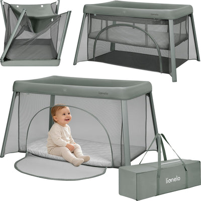 Lionelo Mila – 2-in-1-Reisebett-Campingbett – leicht – 2 Höhenpositionen – 4 cm T25-Matratze – 360°-Mesh-Belüftung – schnell kompaktes Zusammenfalten – Seiteneingang mit Reißverschluss – inklusive Tragetasche – abnehmbarer waschbarer Bezug