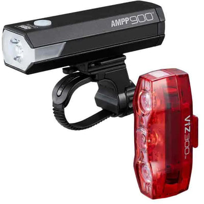 Cateye Ampp900 + Viz300 Beleuchtungsset – Fahrradbeleuchtung – Lumen: 900 300 – Lenkerdurchmesser: 22–35 mm – USB wiederaufladbar – Schwarz Rot