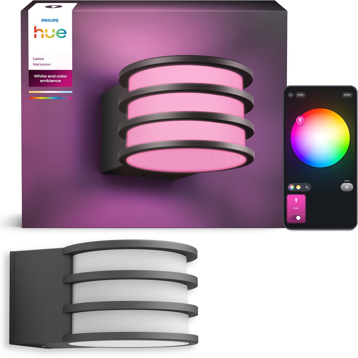 Philips Hue Lucca Wandleuchte – Gartenbeleuchtung – Anthrazitgrau – IP44 wetter- und windbeständig – weißes und farbiges Licht – intelligente Beleuchtung – 1100 Lumen – kompatibel mit Materie