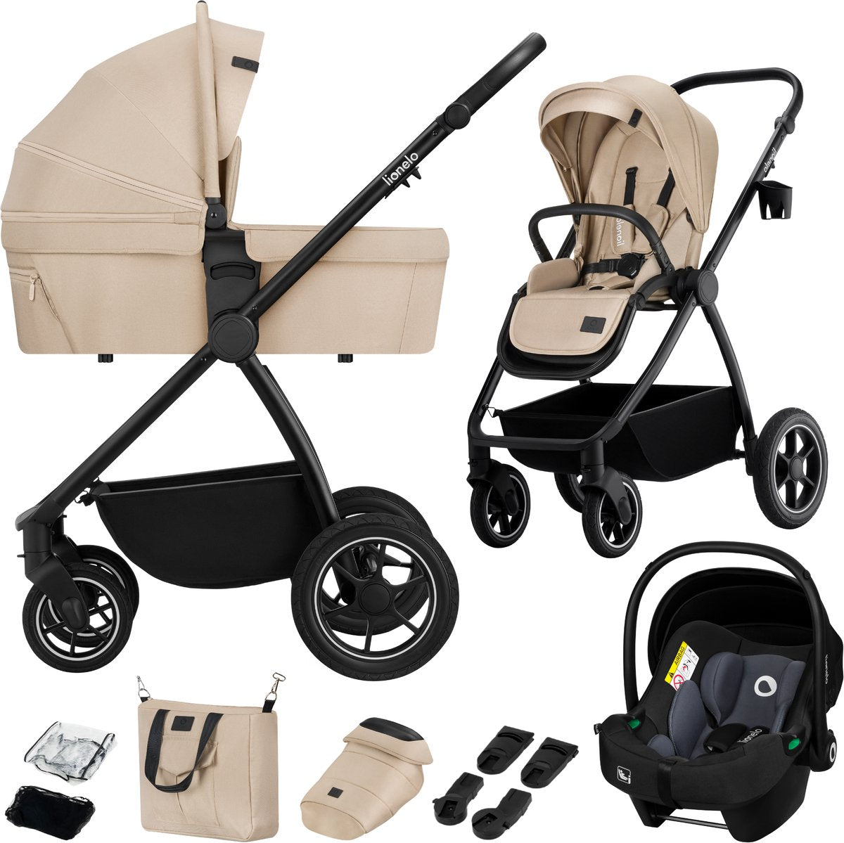 Lionelo Meril 3in1 Kinderwagen – Buggy – XL-Babywanne, Kinderwagen ADAC-zertifizierter Autositz – All-Terrain-Räder – komplettes Zubehörset – UPF50+