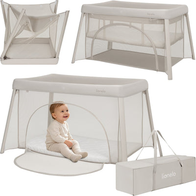 Lionelo Mila – 2-in-1-Reisebett-Campingbett – leicht – 2 Höhenpositionen – 4 cm T25-Matratze – 360°-Mesh-Belüftung – schnell kompaktes Zusammenfalten – Seiteneingang mit Reißverschluss – inklusive Tragetasche – abnehmbarer waschbarer Bezug