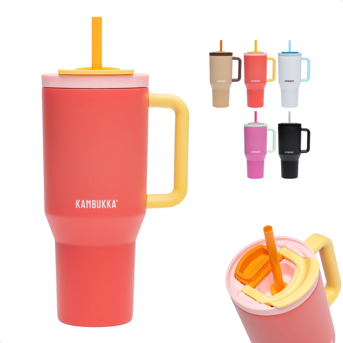 Kambukka Rio – Trinkbecher 950 ml – rosa Papaya-Wasserflasche mit Teleskop-Strohhalm – auslaufsicher – BPA-frei