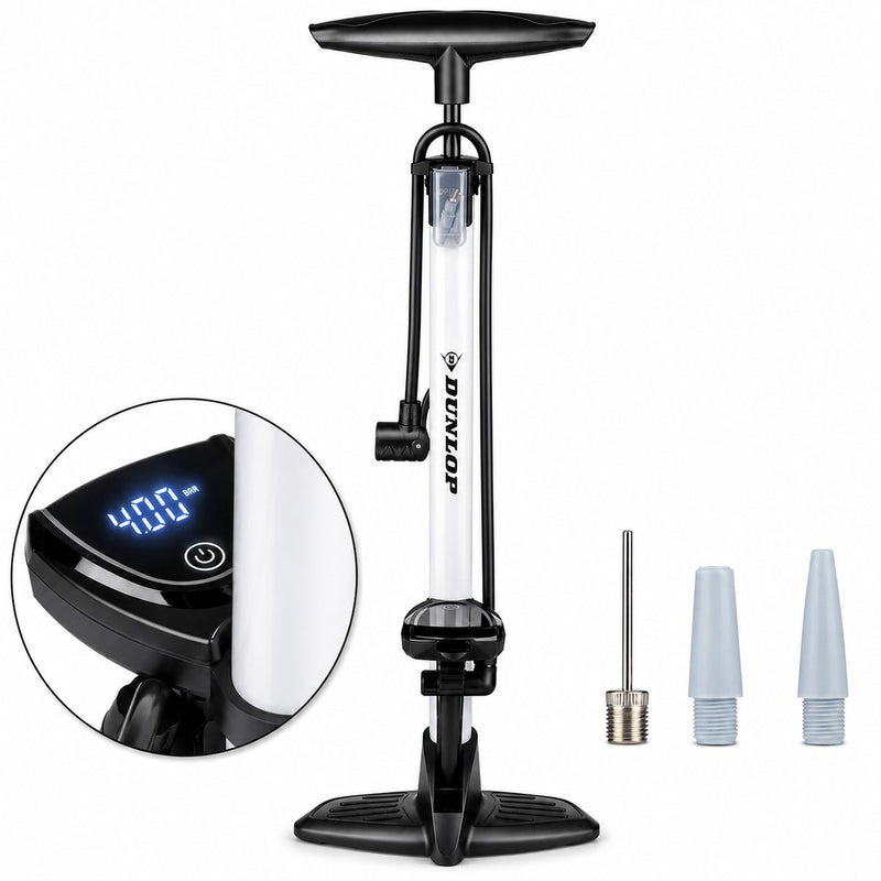 Digitale Fahrradpumpe von Dunlop mit Manometer – Fahrradpumpe passend für Schrader Presta-Ventil – Ballpumpe 120 psi 8,3 bar – inklusive Ventiladapter und Nadel