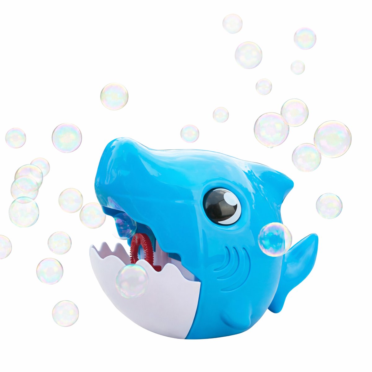 Eddy Toys Bubble Shark Seifenblasenmaschine – Blau – Automatische Seifenblasenmaschine mit 60 ml Seifenblasenflüssigkeit – 2-teiliges Set – Blau Weiß