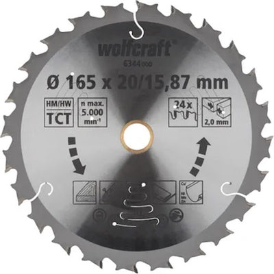 Wolfcraft - Kreissägeblatt 165 mm - 24 Zähne - 20 15,87 mm Bohrung - für Kreissäge - 6344000