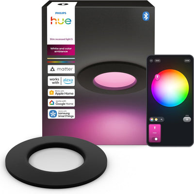 Dünner LED-Einbaustrahler von Philips Hue – Badezimmerbeleuchtung – Gu10-Fassung – enthält 1 Einbaustrahler – einstellbares weißes und farbiges Licht – Schwarz – IP44: spritzwassergeschützt – ø: 90 mm – intelligente Beleuchtung