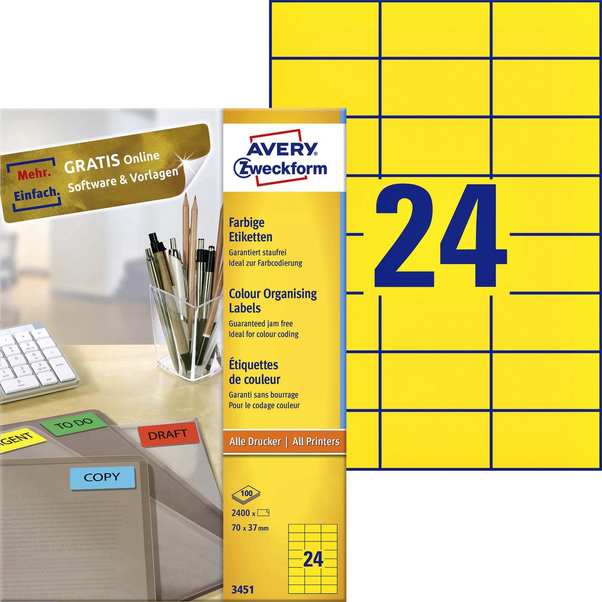 Avery-Farbetiketten, gelb, 70,0 x 37,0 mm, permanent klebend