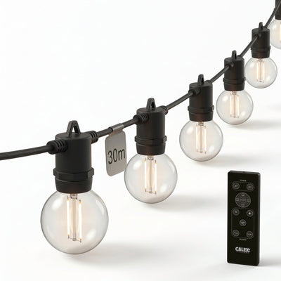 Calex Vista Lichterkabel 30 m – für den Außenbereich – Lichterkette mit 50 Lichtern – warmweißes Licht – Gartenbeleuchtung mit Fernbedienung – Weihnachtsbeleuchtung