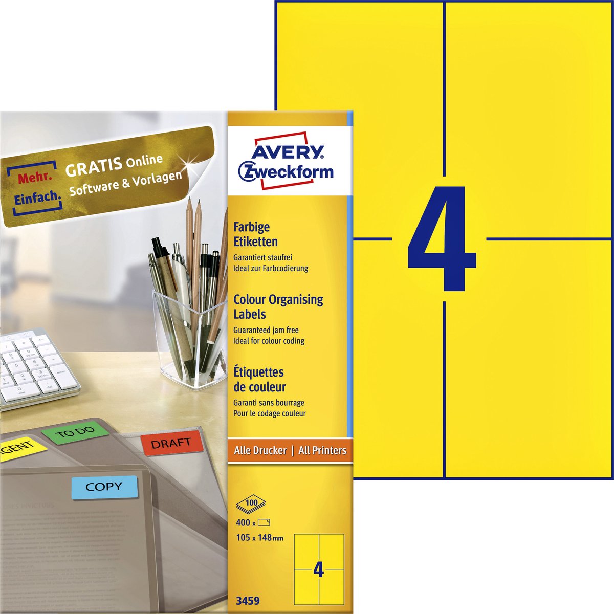 Avery-Farbetiketten, gelb, 105,0 x 148,0 mm, permanent klebend