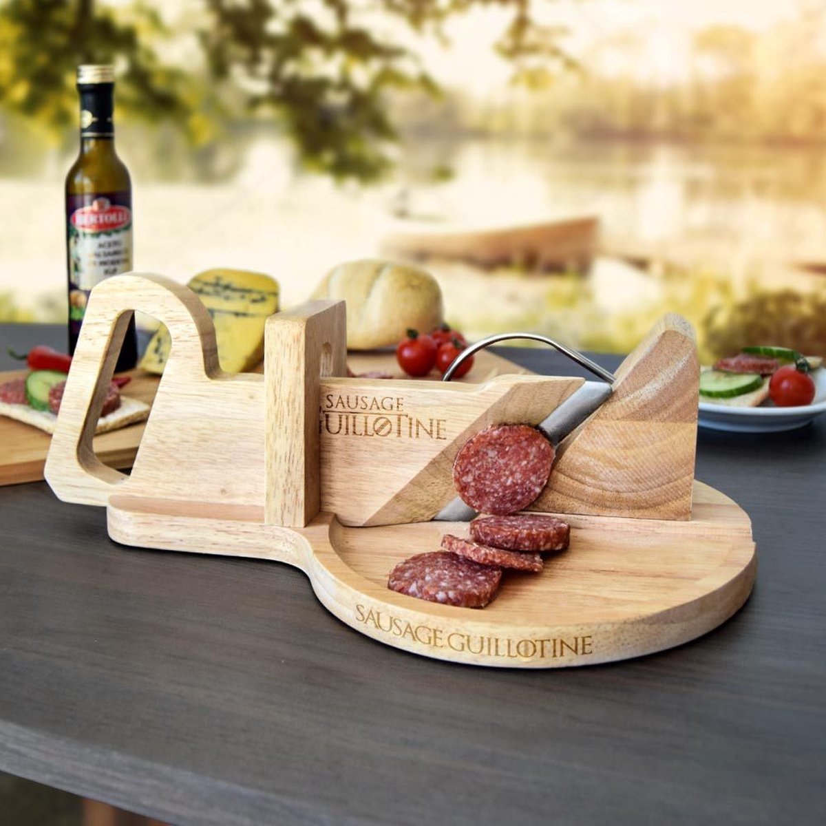 Mikamax Wurstschneidemaschine – Wurstschneider – Wurstschneidebrett – Wurstschneidemaschine – leicht zu reinigen – Edelstahlmesser – Bambus – 30 x 19 cm