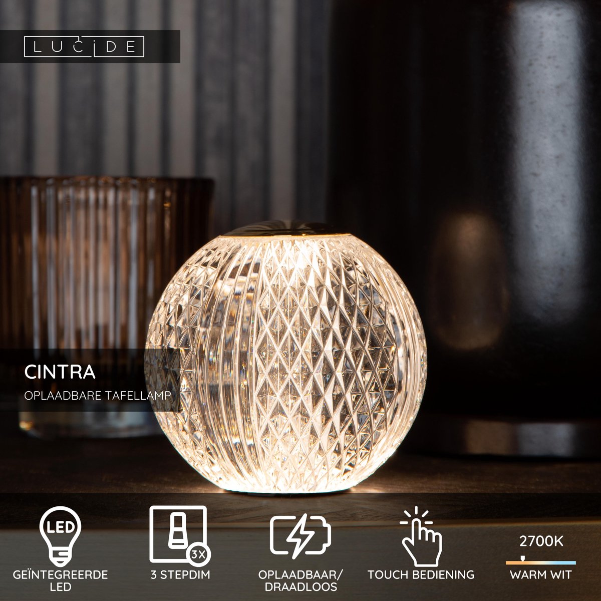 Lucide cintra - wiederaufladbare Tischleuchte - wiederaufladbarer Akku - ø 11 cm - LED 3 Stufendimmung - 1x2w 2700k - transparent