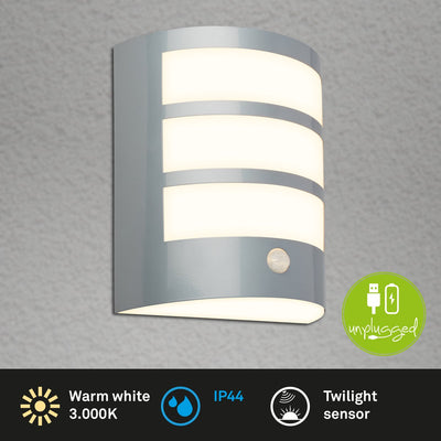 Briloner - LED-Wandleuchte Akku - Bewegungsmelder - Dämmerungssensor - Chrom matt - wechselbarer Akku - wechselbare Platine - 18 x 15 x 7 cm - chrom matt