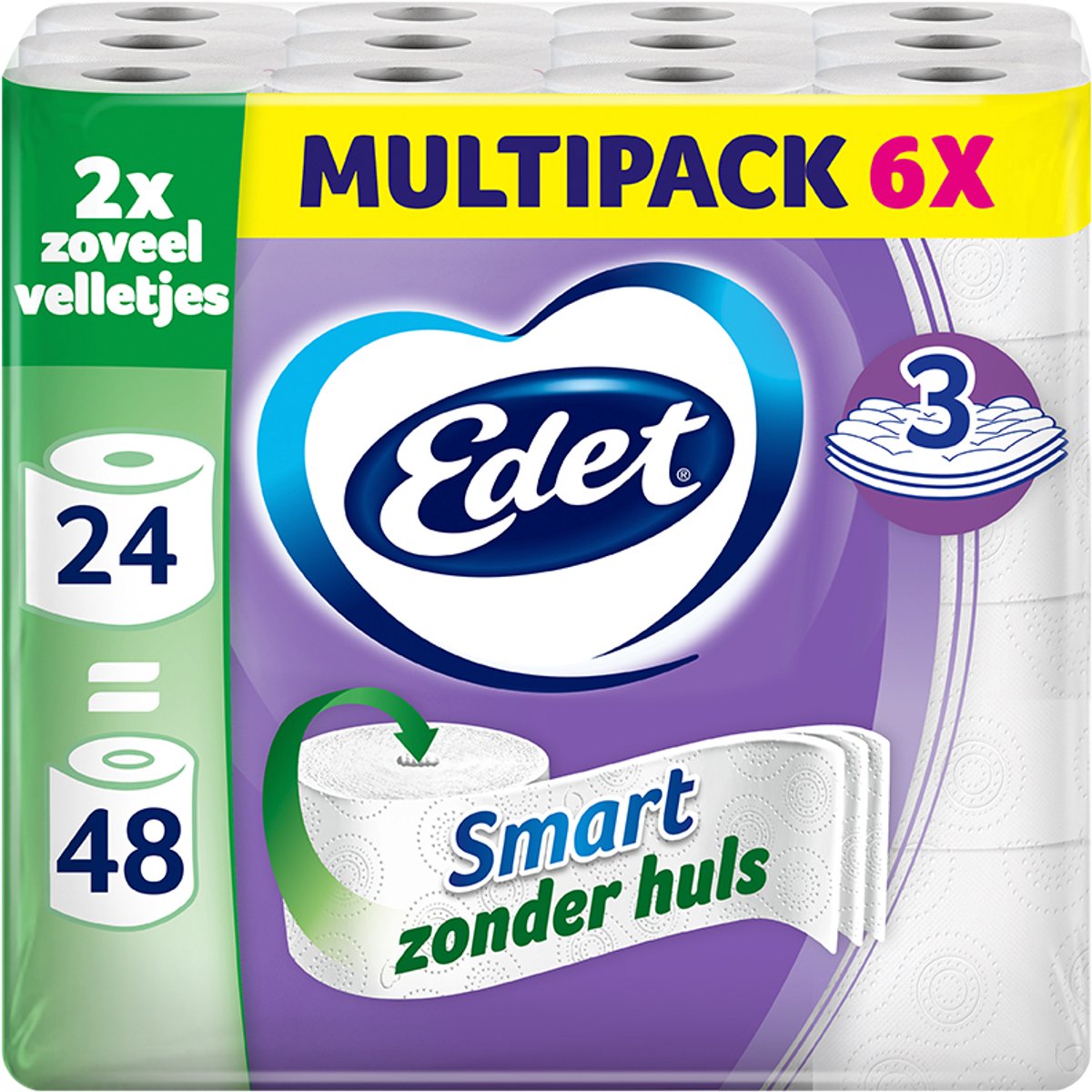 Edet Smart Toilettenpapier – 3-lagig – 24 Maxi-Rollen ohne Hülle = 48 Rollen