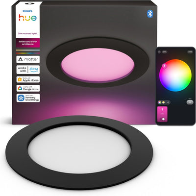 Dünner LED-Einbaustrahler von Philips Hue – Badezimmerbeleuchtung – Gu10-Fassung – enthält 3 Einbaustrahler – einstellbares weißes und farbiges Licht – Schwarz – IP44: spritzwassergeschützt – ø: 170 mm – intelligente Beleuchtung