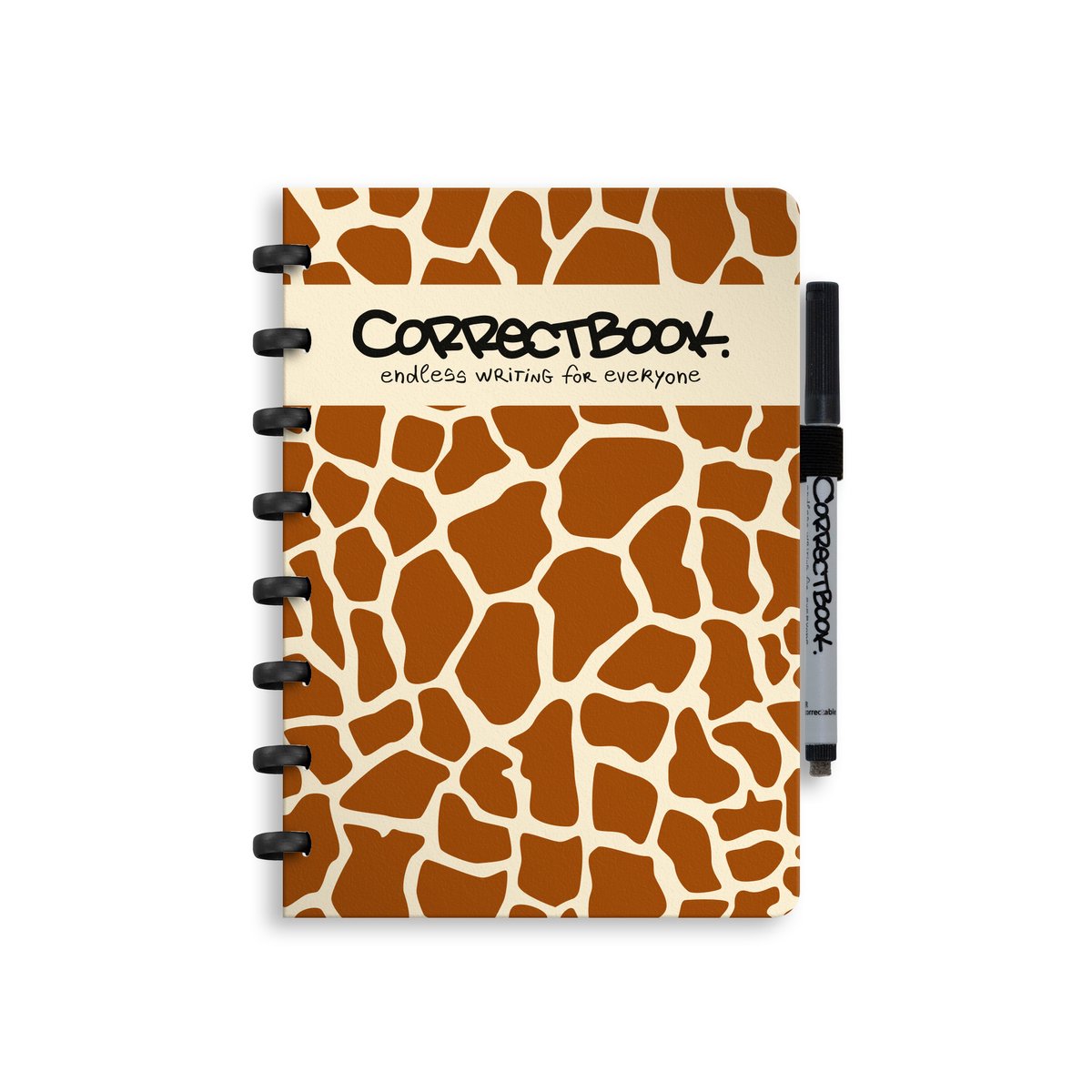 Correctbook A5 löschbares Notizbuch – neugierige Giraffe – blanko – wiederverwendbares Notizbuch – inklusive Stiftwischtuch – kann mit zusätzlichen Seiten ergänzt werden