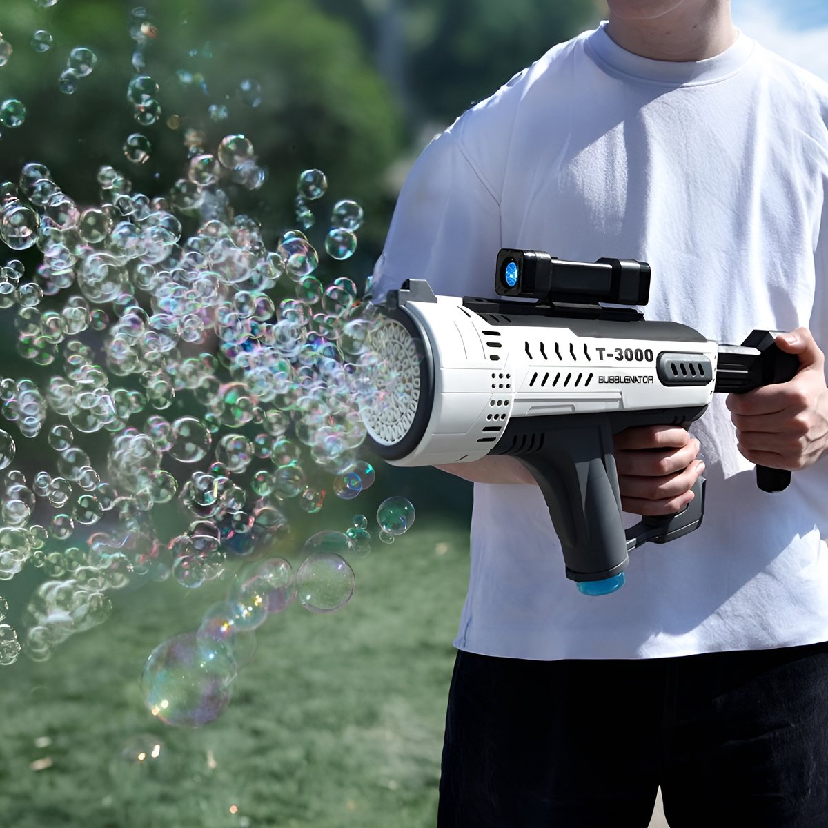 Mikamax Seifenblasenpistole – Bubblenator T-3000 – Seifenblasenpistole mit 57 Löchern – LED-Licht USB – Spielzeug für Kinderpartys im Freien