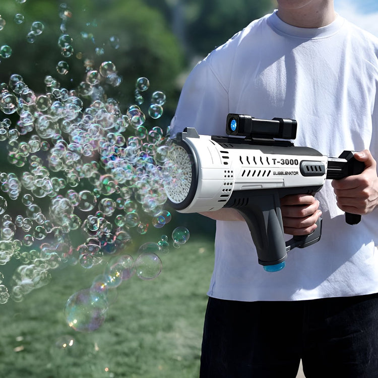 Mikamax Seifenblasenpistole – Bubblenator T-3000 – Seifenblasenpistole mit 57 Löchern – LED-Licht USB – Spielzeug für Kinderpartys im Freien