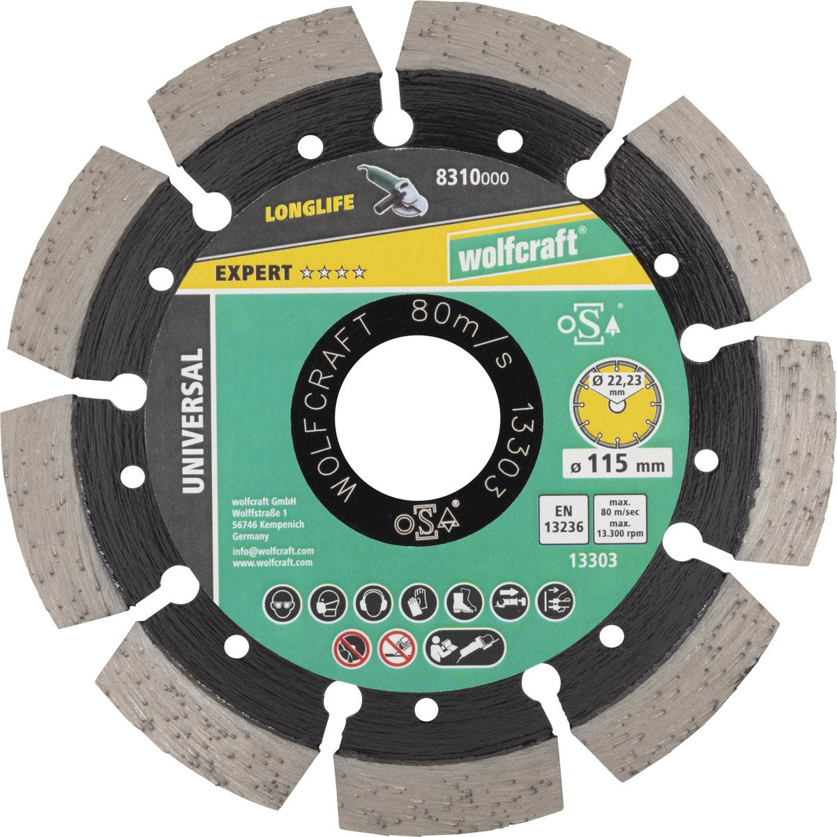 Wolfcraft - Diamant-Trennscheibe ø 115 mm - Diamant-Trennscheibe - Winkelschleifer-Schleifscheibe - 8310000