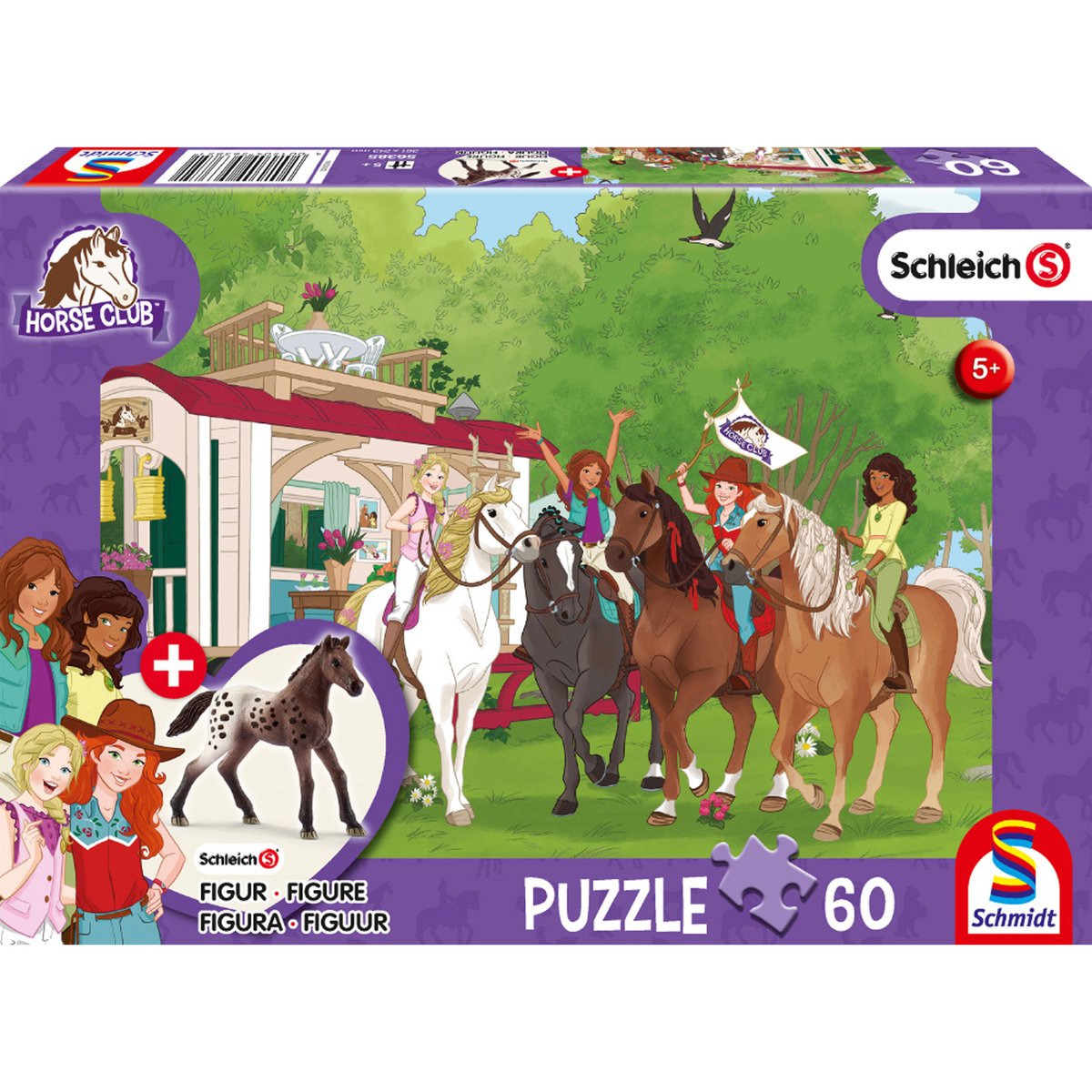 Schmidt - Puzzle - Pferdeclub-Vereinstreffen am Wohnwagen - Pferde - Schleich - 60 Teile + Originalfigur - Kinder - ab 5 Jahren