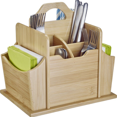 Westmark Organizer Tapas + Friends – praktischer Tischorganizer mit 7 Fächern, Korb für Besteck und Servietten, Halter für Küchenutensilien für den Tisch und auf Partys – Bambus