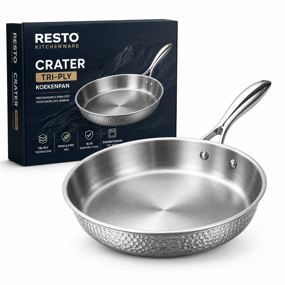 Resto Kraterpfanne 26 cm – Bratpfanne aus dreilagigem Edelstahl – induktionsgeeignet – professionelle Bratpfanne – Pfluon-Antihaftbeschichtung – ofenfest