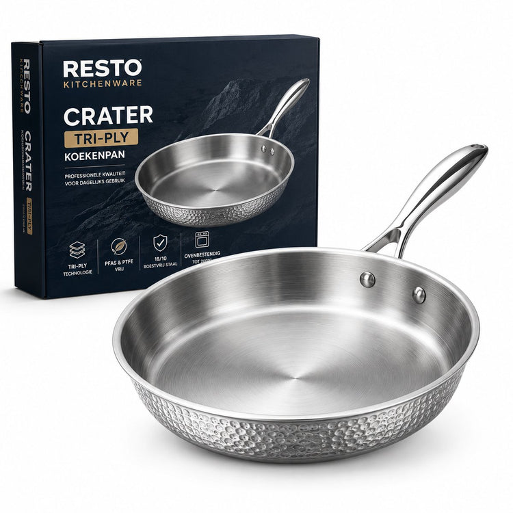 Resto Kraterpfanne 26 cm – Bratpfanne aus dreilagigem Edelstahl – induktionsgeeignet – professionelle Bratpfanne – Pfluon-Antihaftbeschichtung – ofenfest