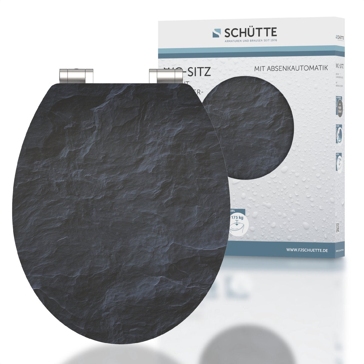 Schütte WC-Sitz 80535 Black Stone – Hochglanz – MDF-Holz – Absenkautomatik – Chromscharniere – Belastbarkeit bis 175 kg – Dekor – 1-seitiger Druck