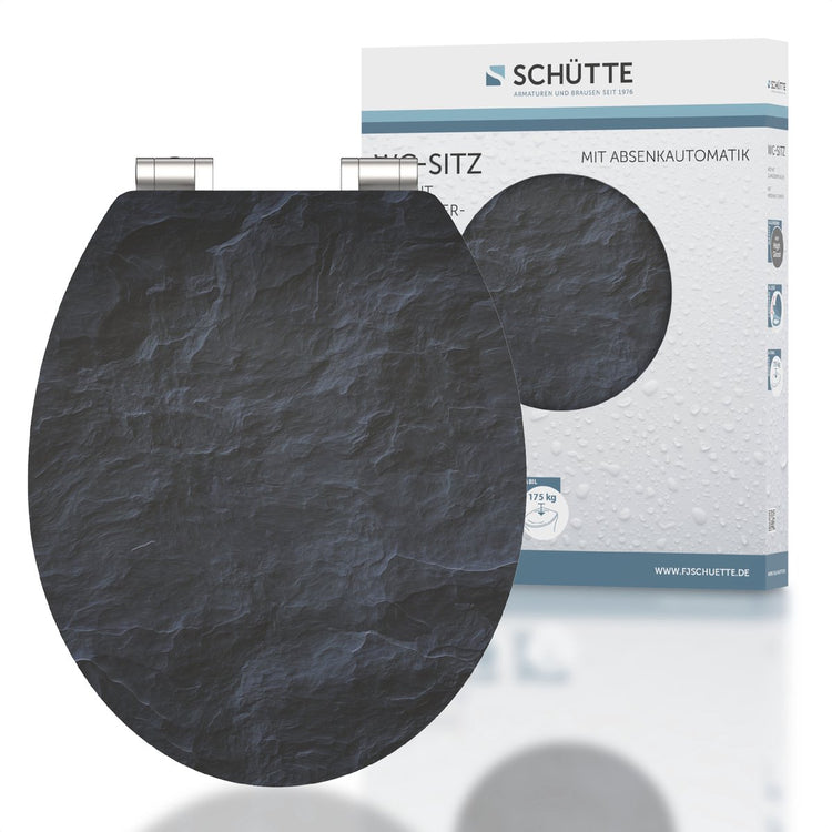 Schütte WC-Sitz 80535 Black Stone – Hochglanz – MDF-Holz – Absenkautomatik – Chromscharniere – Belastbarkeit bis 175 kg – Dekor – 1-seitiger Druck