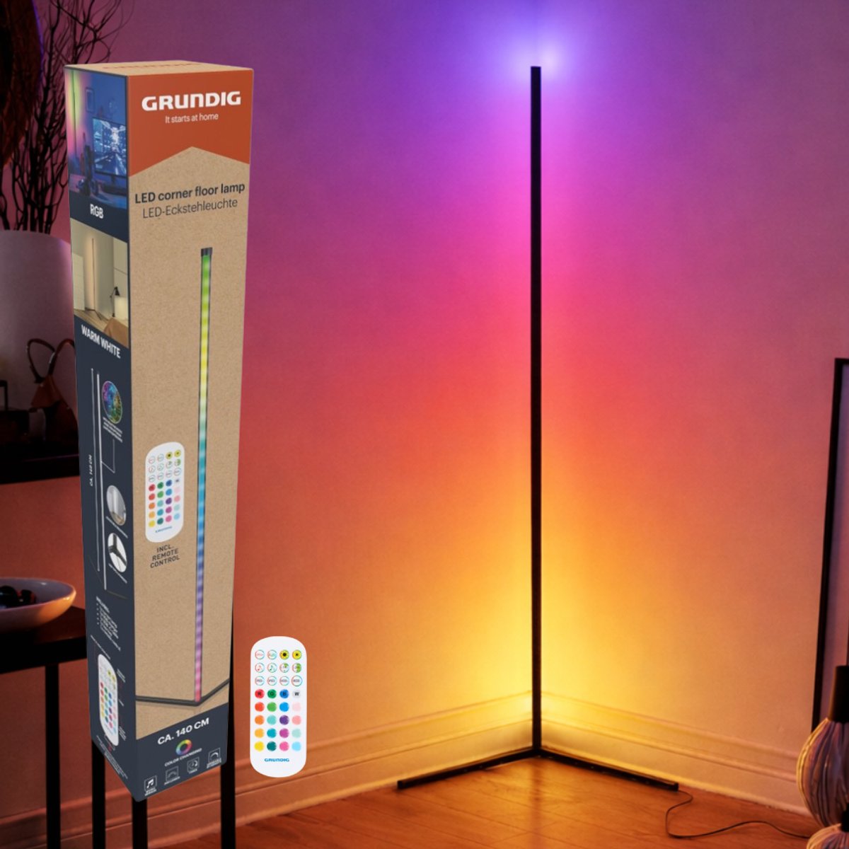 Grundig RGB-LED-Eckleuchte – RGB-Stehleuchte 140 cm – Eckleuchte mit LED-Stehleuchte, dimmbares RGBW und weißes Licht – RGB-Stehleuchte – inkl. Fernbedienung und Musiksensor