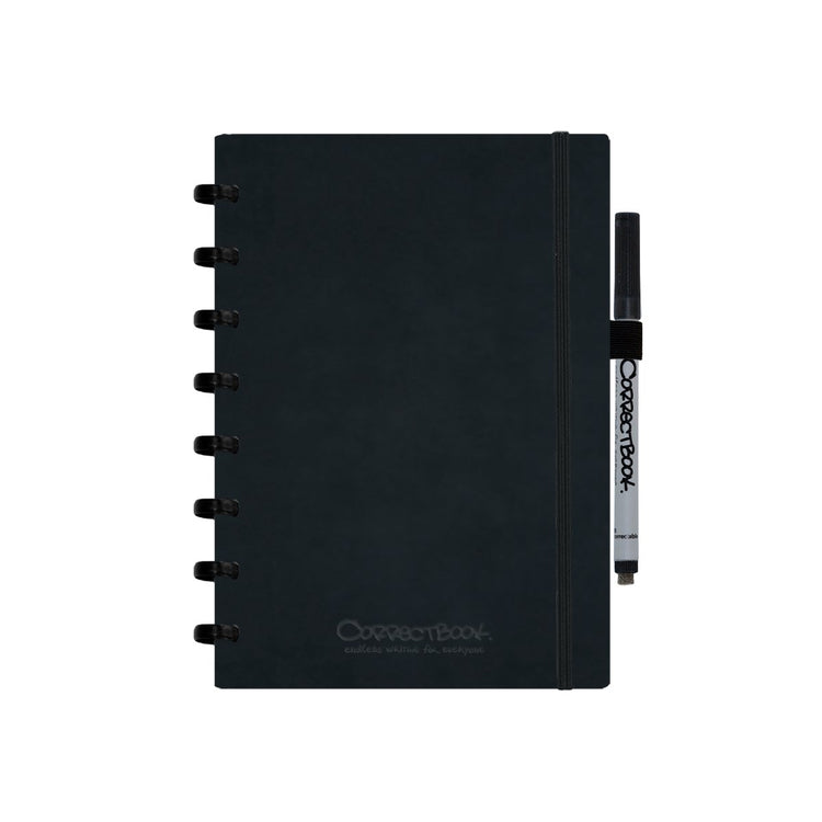 Correctbook a5 löschbares Notizbuch – tintenschwarzes Kunstleder-Hardcover – liniert – wiederverwendbares Notizbuch – inklusive Stiftwischtuch – kann mit zusätzlichen Seiten ergänzt werden