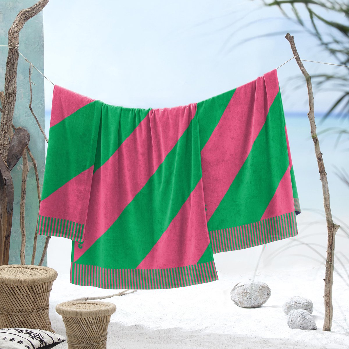 Seepferdchen-Strandtuch mit Farbblockstreifen – 100 x 180 cm – Rosa