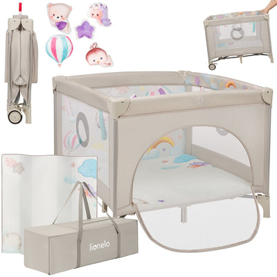 Lionelo Mille Plus Laufstall 0-36 Monate – Baby-Laufstall mit T25-Schaumstoffmatratze, Lernspielzeug, Griffe zum Stehenlernen, faltbares Mobile, Seitentür mit Reißverschluss – Spiel-Laufstall für Zuhause und auf Reisen