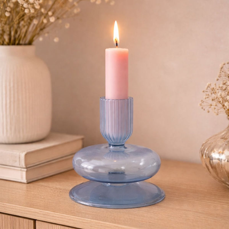 Arti Casa Kerzenhalter für Tafelkerze – Kerzenhalter aus Glas mit geripptem Halter – ø8 x 11 cm – Blau