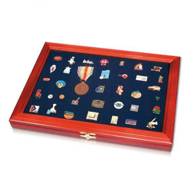 Sichere, elegante Holzvitrine für Anstecknadeln, Medaillen und Knöpfe – 38 x 26 x 3 cm
