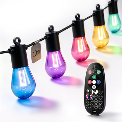 Calex Vista Lichterkabel 10m – für den Außenbereich – Lichterkette mit 10 Lichtern – warmweißes und farbiges Licht – Gartenbeleuchtung – erweiterbar – verbindbar – als Weihnachtsbeleuchtung verwendbar