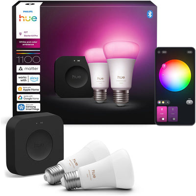Philips Hue Starter Kit – weißes und farbiges Licht – 1 Bridge Pro – 2er-Pack E27 1100 Lumen