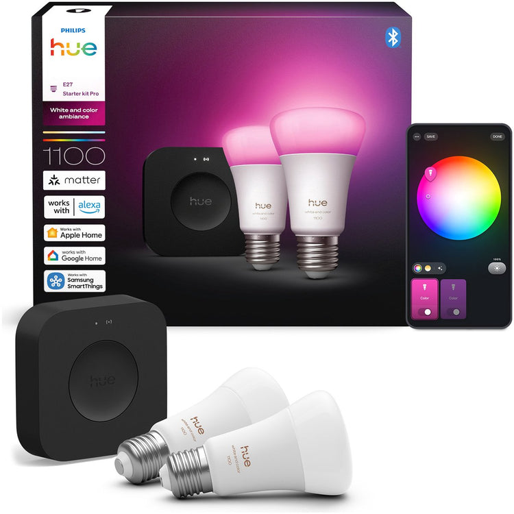 Philips Hue Starter Kit – weißes und farbiges Licht – 1 Bridge Pro – 2er-Pack E27 1100 Lumen