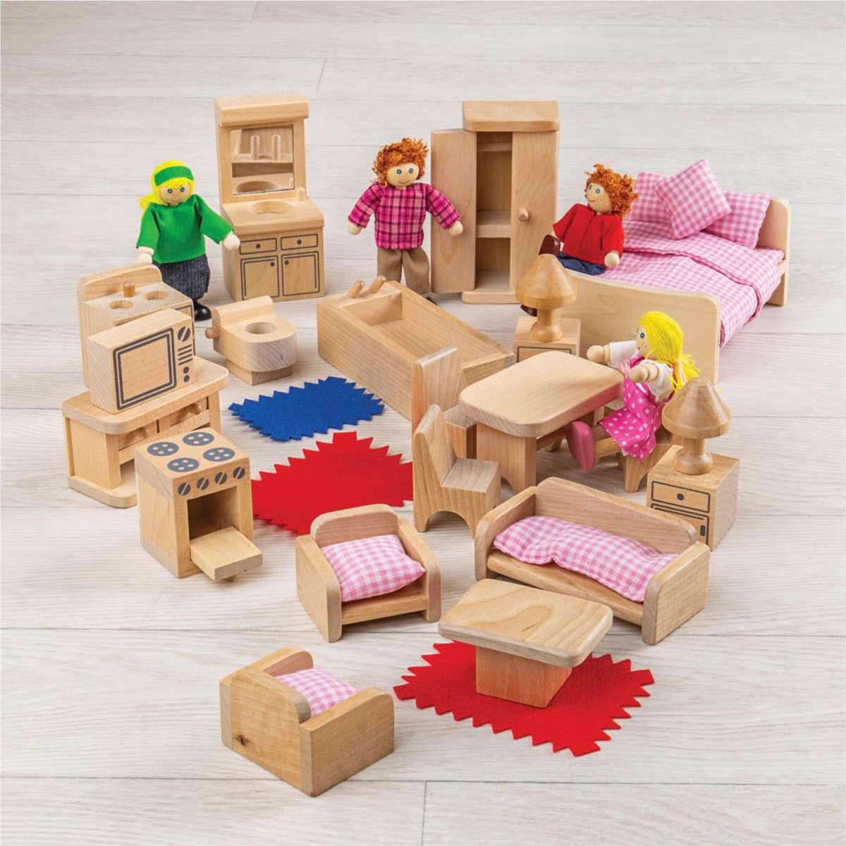 Bigjigs Holzpuppenfamilie mit Möbeln, 26dlg.
