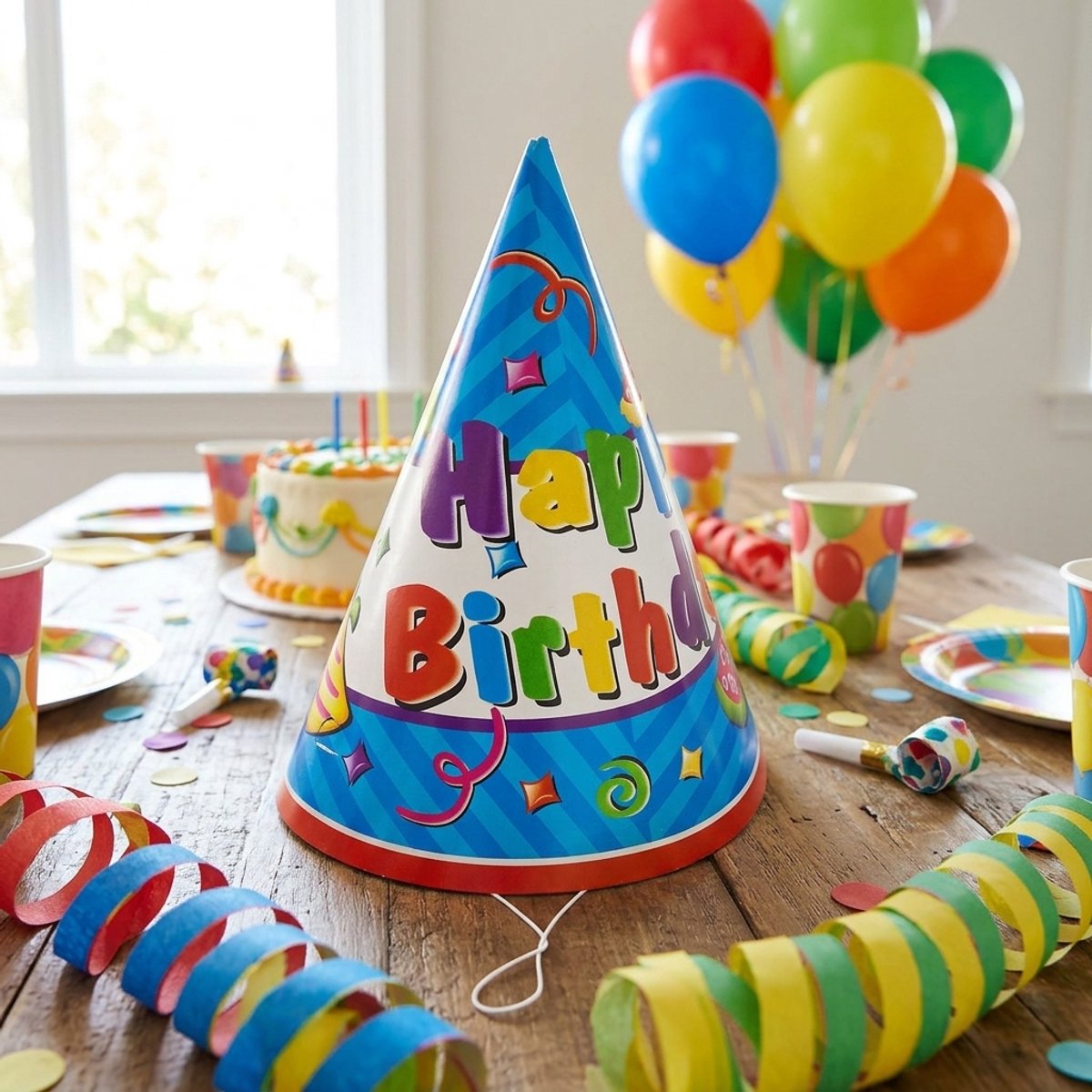 Non-Branded Party Casa Partyhüte 6 Stück – Geburtstagshüte mit Happy Birthday-Aufdruck – Partyhüte mit Gummizug – Partyhut zum Geburtstag – Geburtstagshüte blau