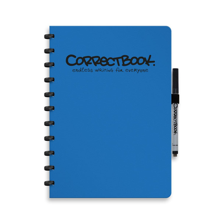 Correctbook A4 löschbares Notizbuch – erdiges Blau – blanko – wiederverwendbares Notizbuch – inklusive Stiftwischtuch – kann mit zusätzlichen Seiten ergänzt werden