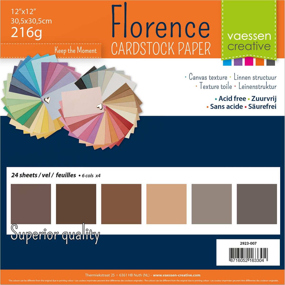 Florence Vaessen Creative Cardstock, stabiles Kartonpapier 216 g – braun, 24 Stück. 30,5 x 30,5 cm