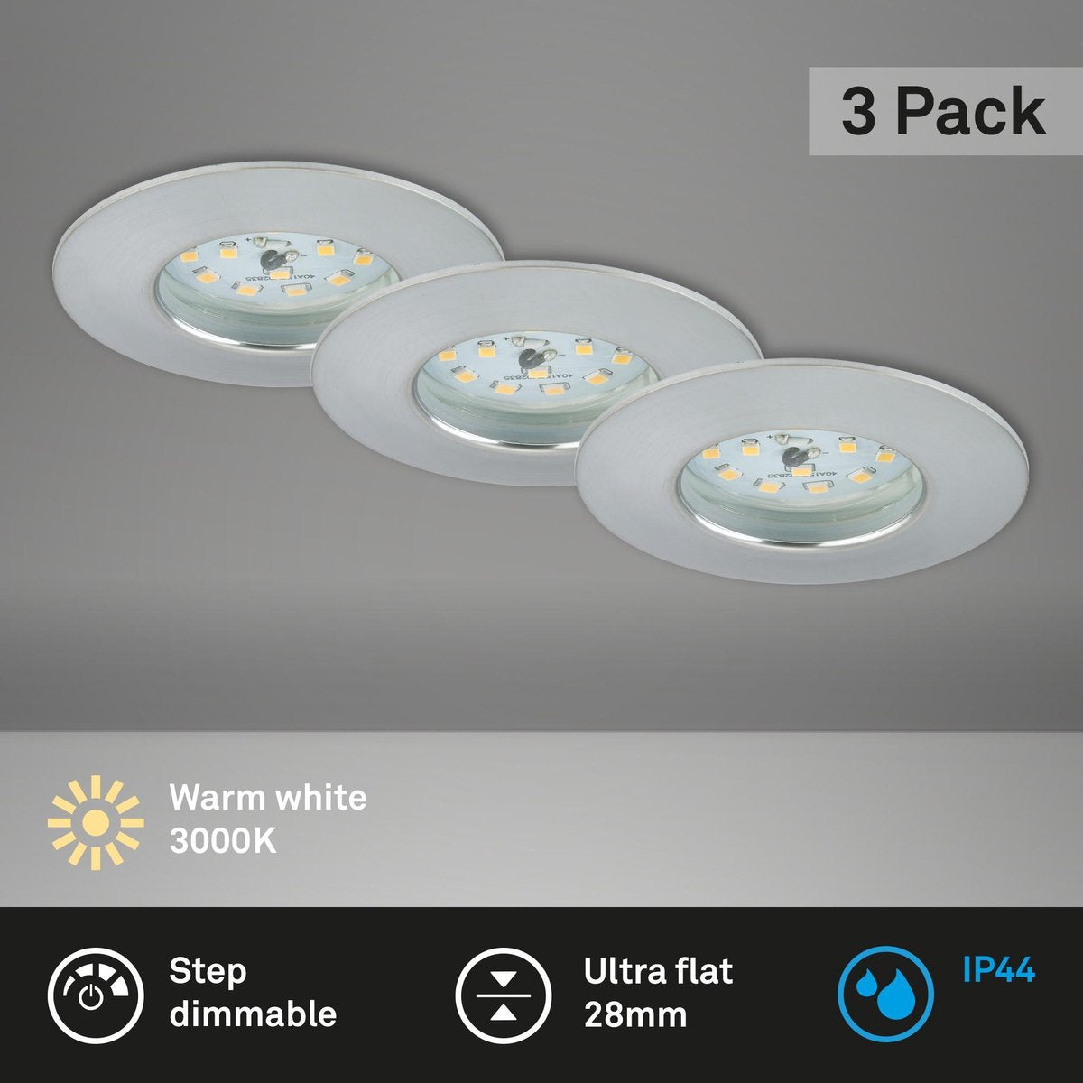 Briloner - LED-Einbaulampen 3er-Set dimmbar, je 6,5 W, 3.000 Kelvin IP44, alufarben ø7,5 cm