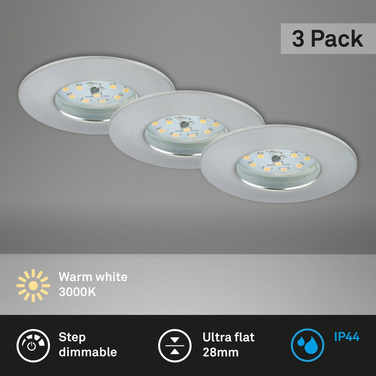 Briloner - LED-Einbaulampen 3er-Set dimmbar, je 6,5 W, 3.000 Kelvin IP44, alufarben ø7,5 cm