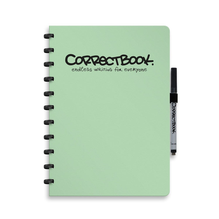 Correctbook A4 löschbares Notizbuch – Misty Mint – blanko – wiederverwendbares Notizbuch – inklusive Stiftwischtuch – kann mit zusätzlichen Seiten ergänzt werden