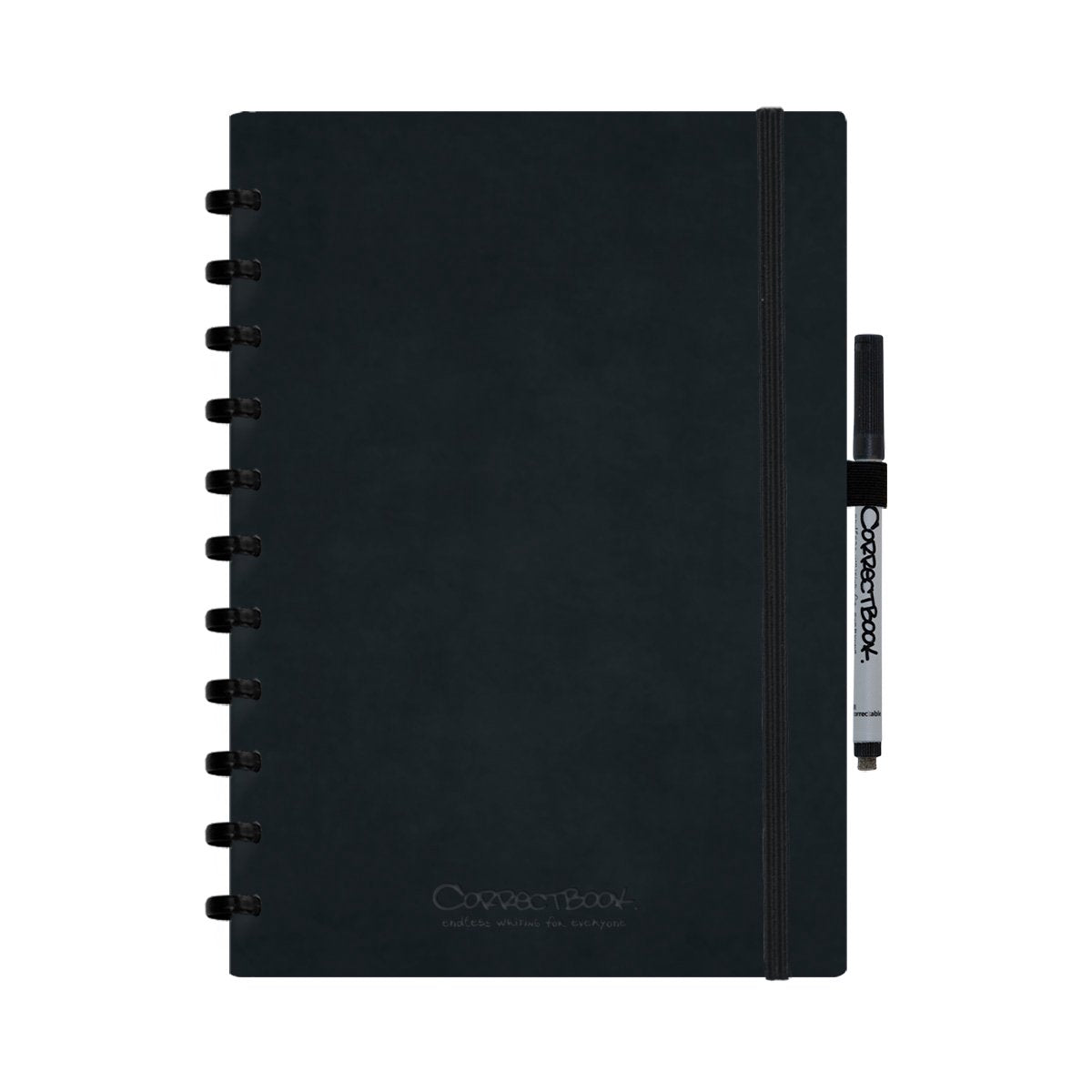 Correctbook A4 löschbares Notizbuch – tintenschwarzes Kunstleder-Hardcover – liniert – wiederverwendbares Notizbuch – inklusive Stiftwischtuch – kann mit zusätzlichen Seiten ergänzt werden