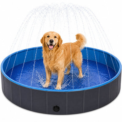 Flamingo-Hundepool – Hundepool mit Sprinklern – 160 x 30 cm – Blau Dunkelgrau – großes Klappbecken mit Wasserdüsen – Sprinkler