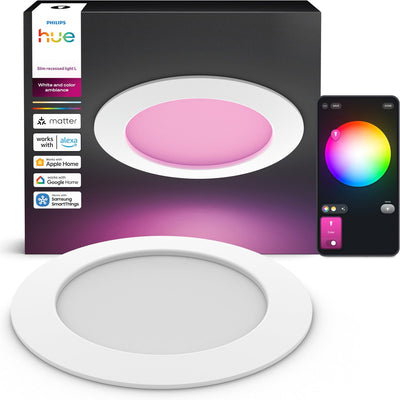 Dünner LED-Einbaustrahler von Philips Hue – Badezimmerbeleuchtung – Gu10-Fassung – enthält 1 Einbaustrahler – einstellbares weißes und farbiges Licht – weiß – IP44: spritzwassergeschützt – ø: 170 mm – intelligente Beleuchtung
