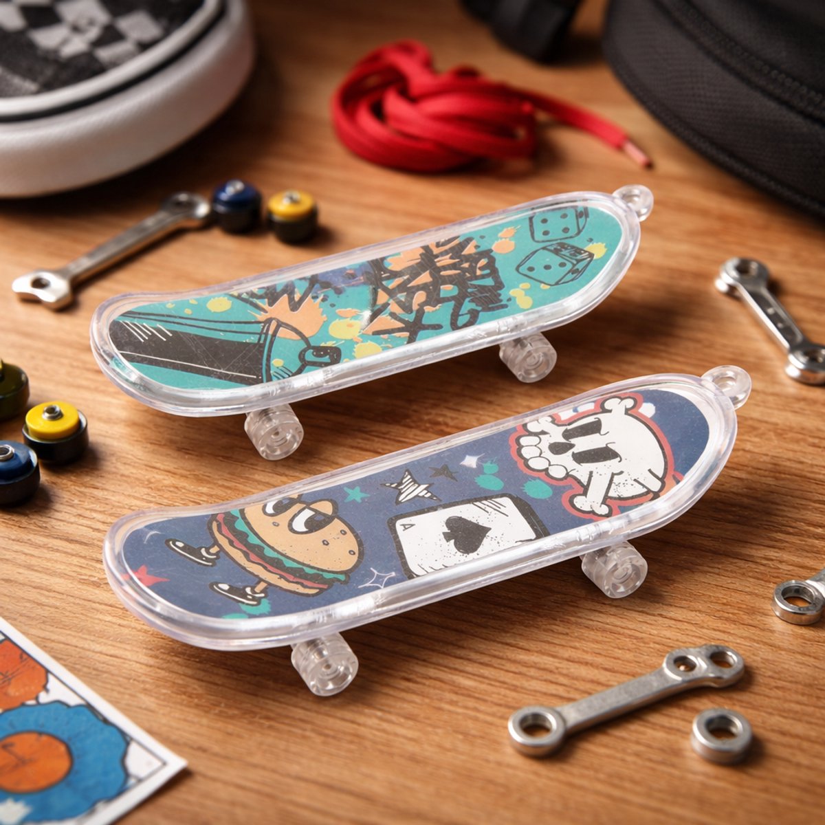 Eddy Toys Finger-Skateboard-Set 2-teilig – Finger-Skateboard mit Aufdrucken – Mini-Skateboard-Spielzeug für Kinder – Fingerboard-Set mit coolen Designs – Kunststoff – 9,5 cm