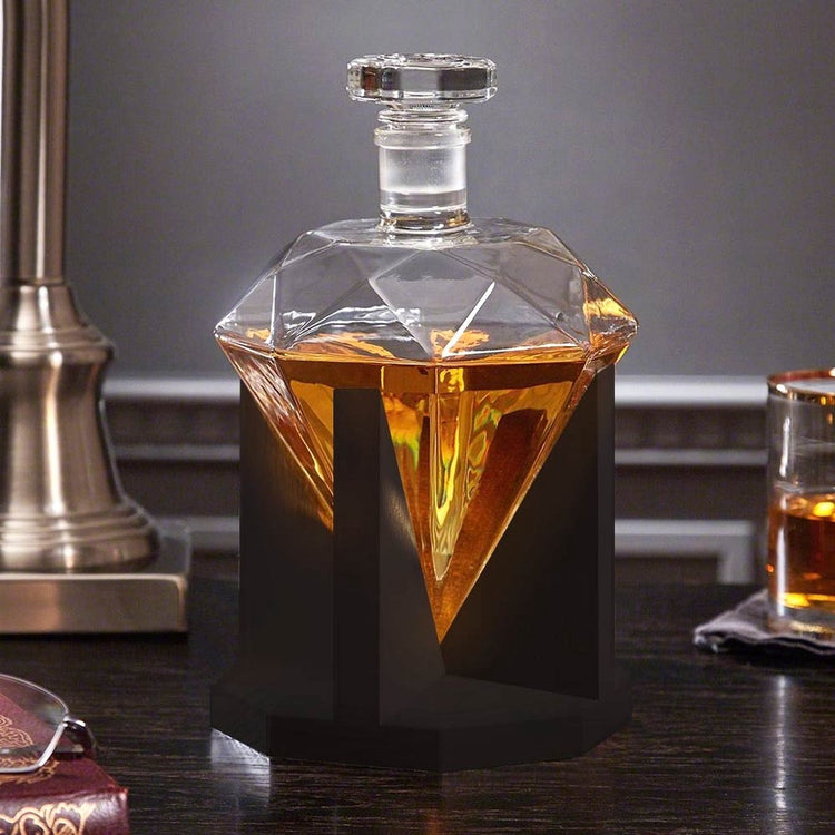 Mikamax Diamant-Whisky-Dekanter-Set – 850 ml – Luxus-Dekanter mit Eichenboden – 9 Kühlsteine